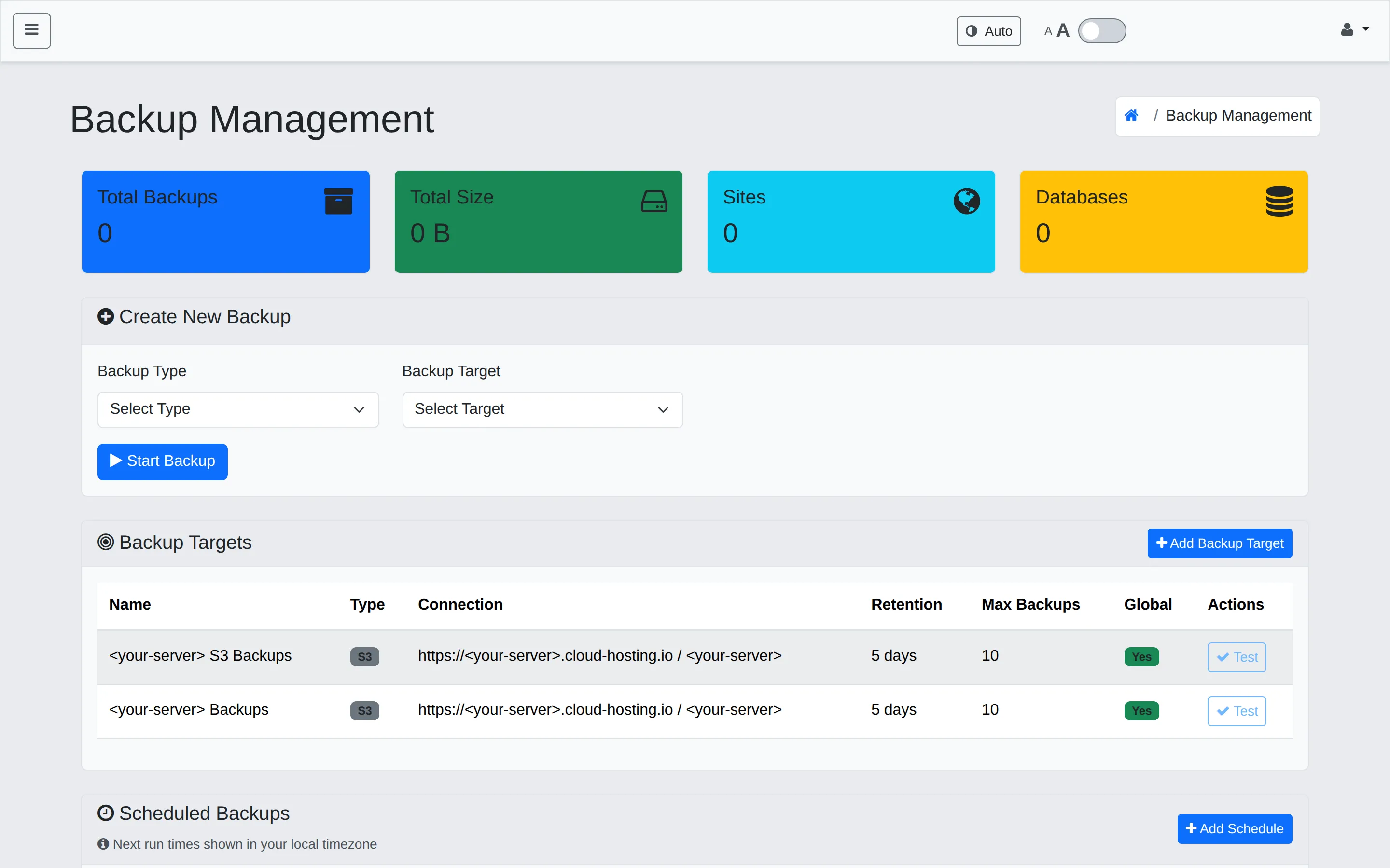 WHP Backup Management page
