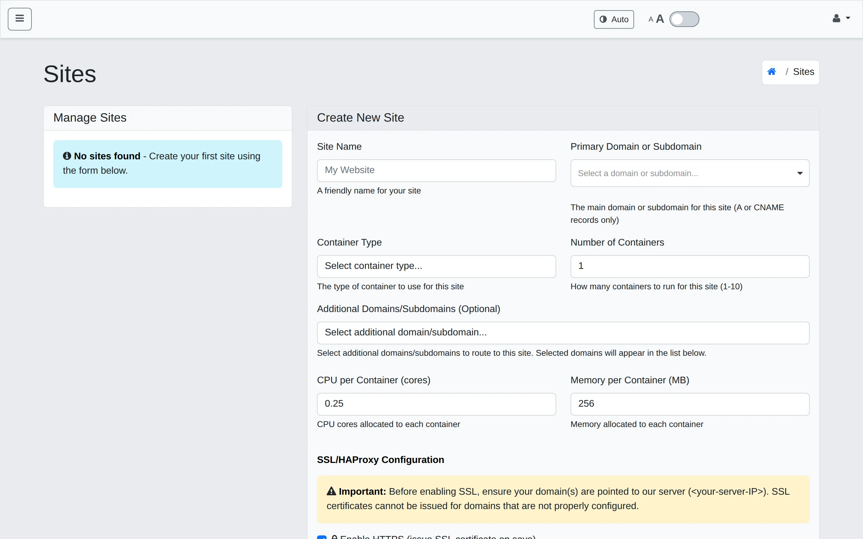 WHP Sites page with Create New Site form
